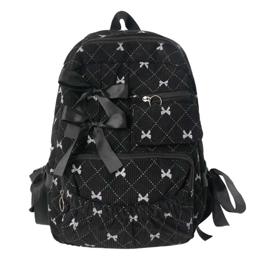 Corduroy Bow Backpack – Large Capacity Girls Schoolbag Student Backpack HIP Black