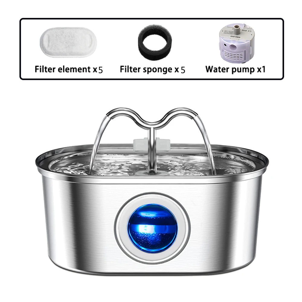 108oz/3.2L Cat Water Stainless Steel Pets Dispenser With LED Light Silent Pump Automatic Fountain For Cat Dog Drinking Bowl HIP 1set-5filter