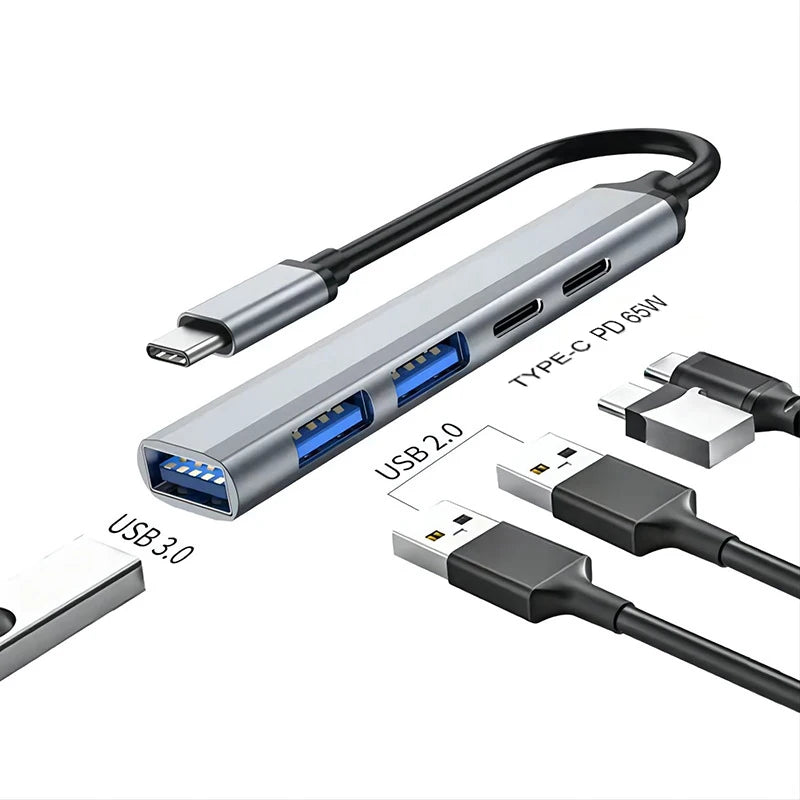 5-in-1 USB-C Hub PD 65W | USB 3.0 Splitter Adapter USB-C Hub Adapter HIP Gray-TYPE-C