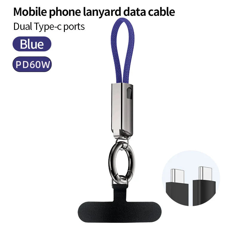 USB-C Keychain Cable PD 60W Fast Charge – Compact 14cm USB-C Charging Cable HIP Blue C-C DP 14cm