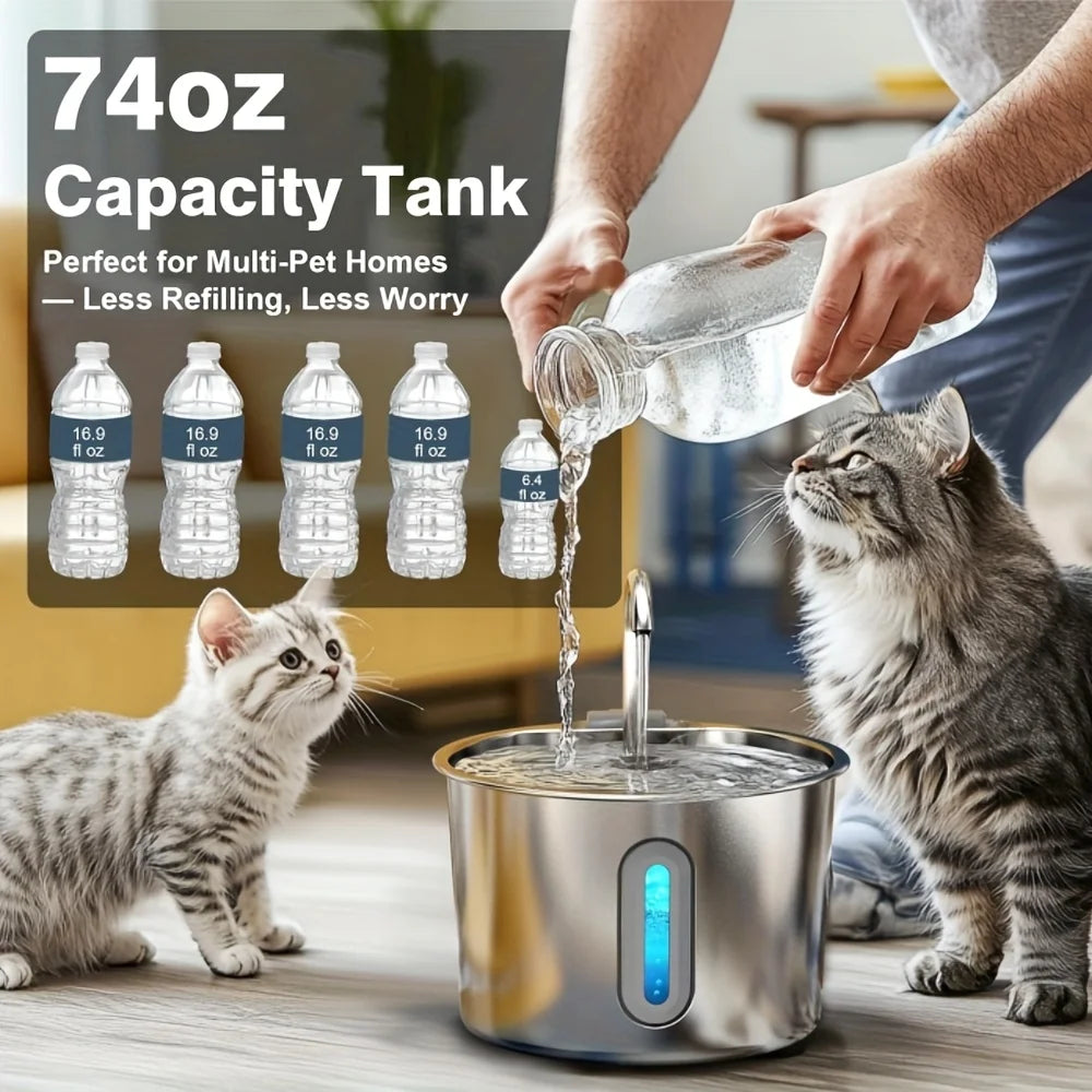 Pet Water Fountain for Cats 74oz/2.2L Stainless Steel Indoor Drinking Dispenser Free Standing Cat Water Fountain with Filter HIP