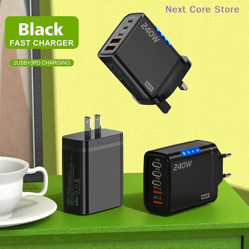 240W GaN 5-Port USB-C Fast Charger | PD & QC 3.0 Adapter GaN Wall Charger HIP
