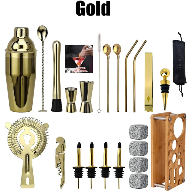 Cocktail Shaker Set with Wooden Stand Rack – Complete Barware Cocktail Shaker Set HIP Gold