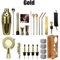Cocktail Shaker Set with Wooden Stand Rack – Complete Barware Cocktail Shaker Set HIP Gold