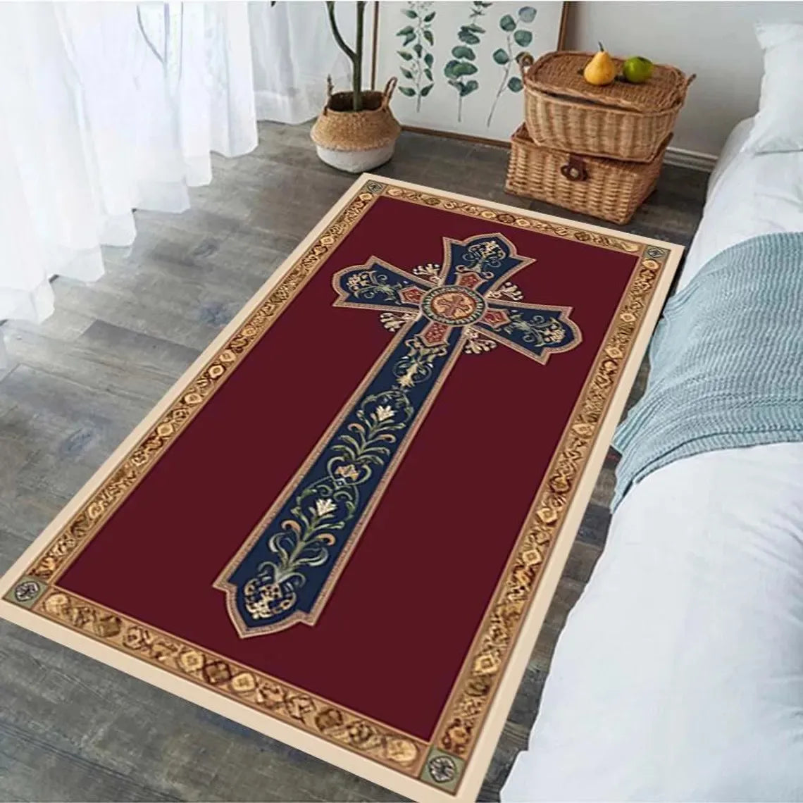 Orthodox Cross Prayer Rug – Greek Byzantine Black Gold Mat Religious Area Rug HIP 3 50x80cm-Felt