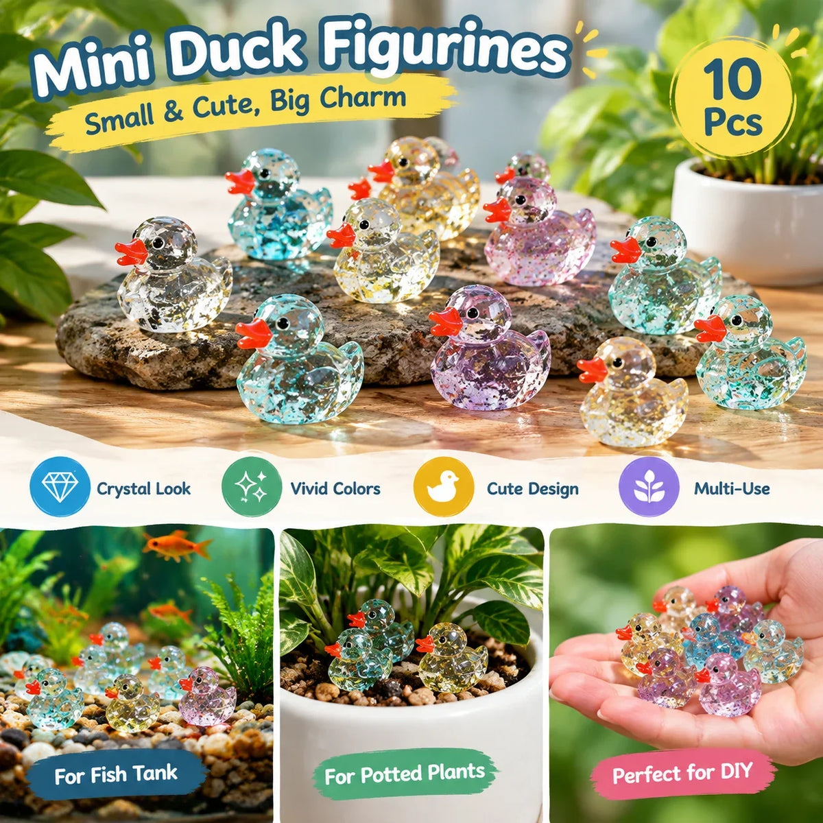 10Pcs Sparkling Mini Duck Decorations Figurine for Landscape Fish Tank Pottery Decoration DIY Mini Landscape Decoration HIP
