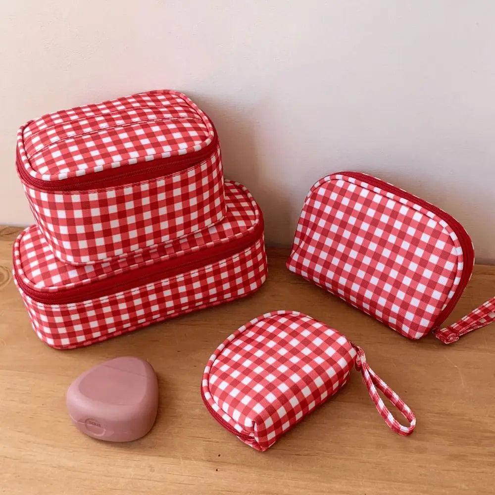 Red Grid Canvas Makeup Bag – Multi-Size Cosmetic Pouch Cosmetic Makeup Bag HIP