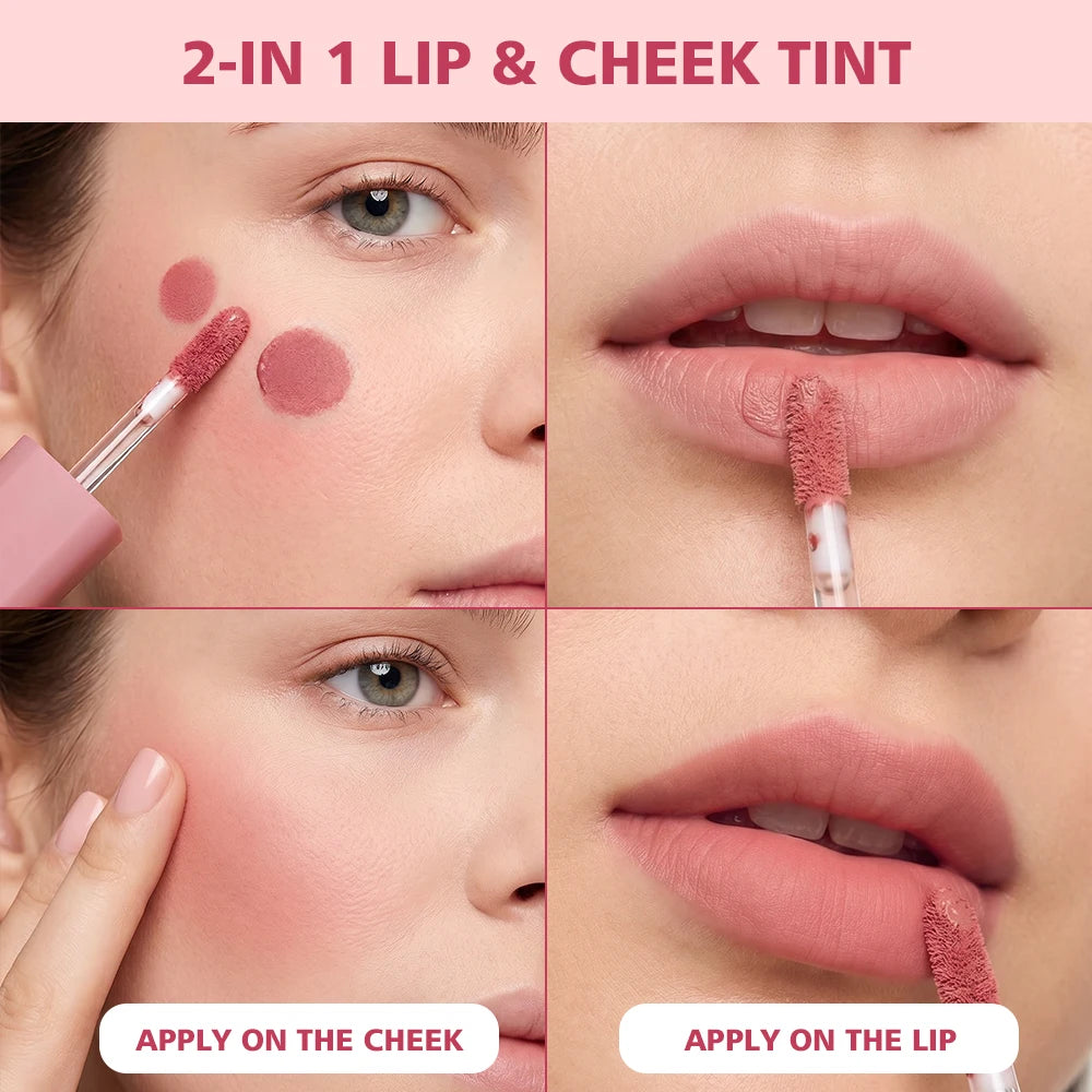 Matte Lip Stain Tint 2‑in‑1 Lip & Cheek Blush Cream Lip Stain Lasting Long Lasting Waterproof Non-sticky Velvet Lip Gloss Makeup HIP