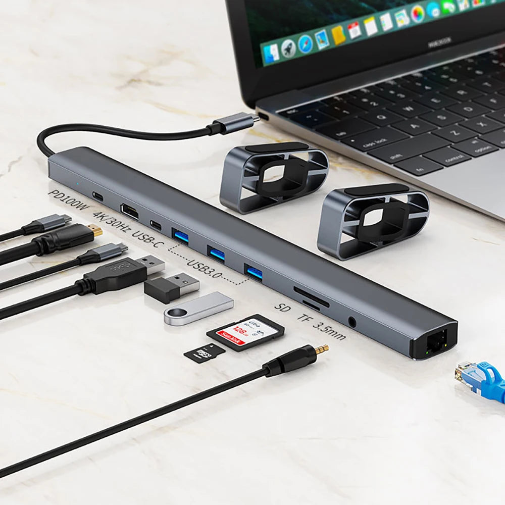 10-Port USB-C Hub & Laptop Stand – 4K HDMI, LAN, PD 100W USB-C Docking Hub HIP