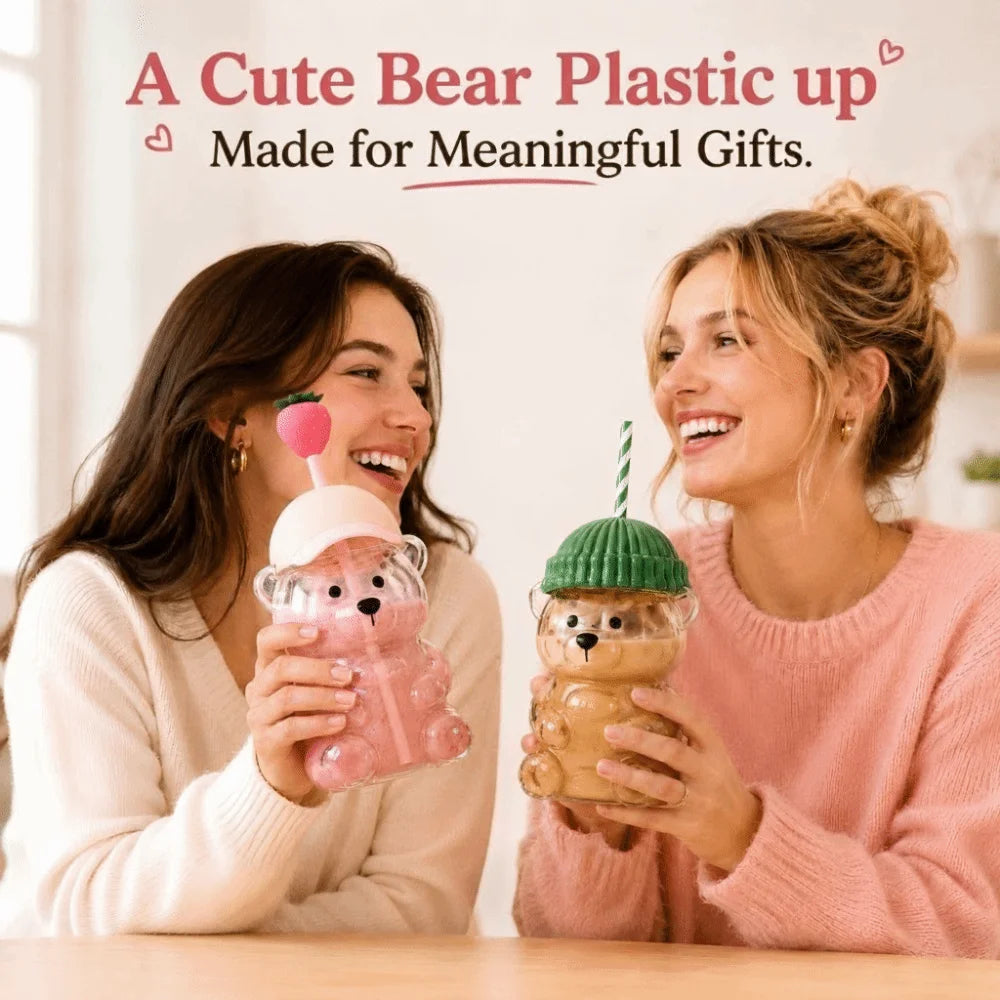 Cute Bear Straw Cup with Lid – 500ml Transparent Drink Cup Novelty Drinking Cup HIP