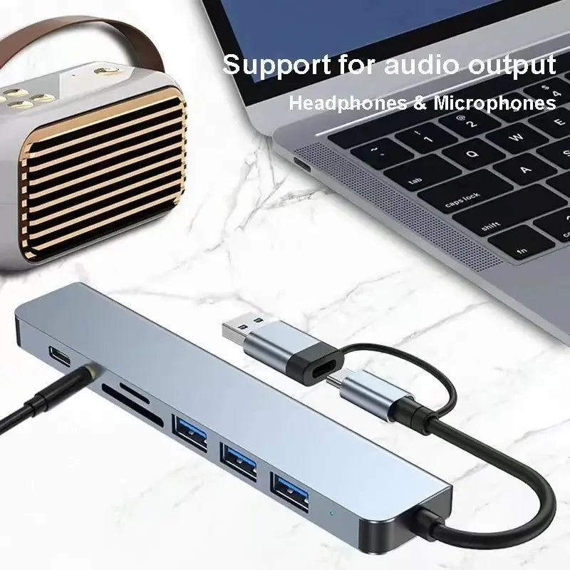 8 In 2 USB HUB With Splitter Card Reader, USB C Port, USB 3.0 / 2.0, SD/TF Splitter Card Reader, Docking Station HIP