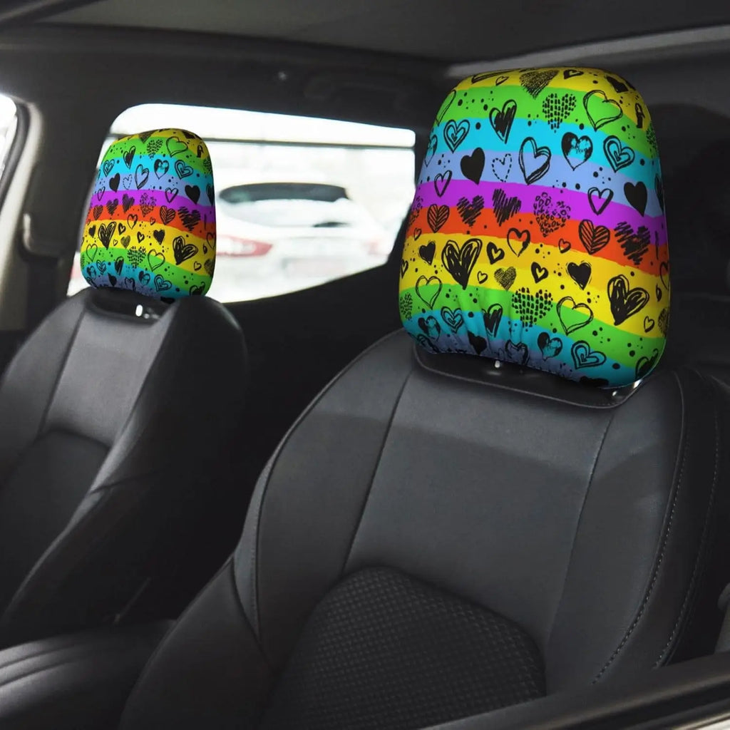 Rainbow Hearts Car Headrest Covers – 2-Pack Universal Fit Car Headrest Covers HIP