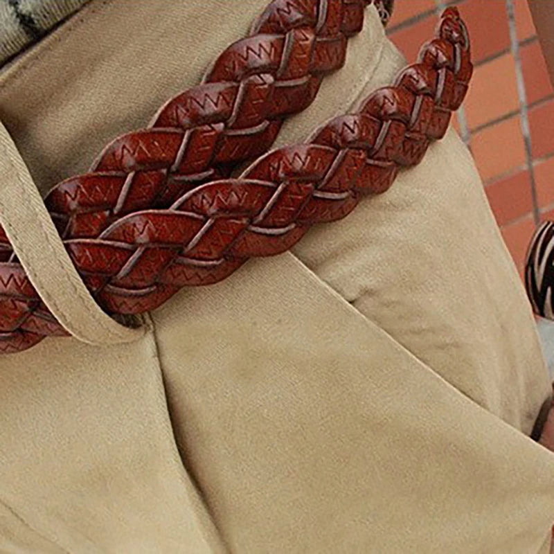 Women's Faux Leather Braided Belt | Gold Round Buckle Women's Fashion Belt HIP