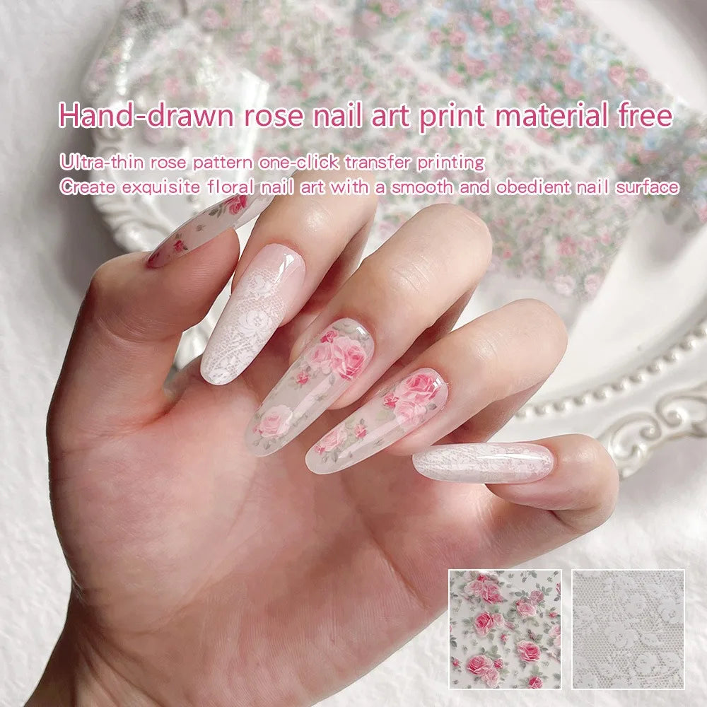 Lace Floral Nail Transfer Stickers Colorful Rose Flower Nail Foil French Vintage Style for DIY Manicure Transfer Paper Ornament HIP