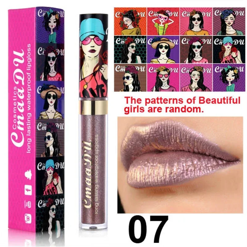 Cmaadu shimmer lip gloss beauty girl diamond glitter lip tint waterproof long lasting 12 color gold flash liquid lipstick makeup HIP 07