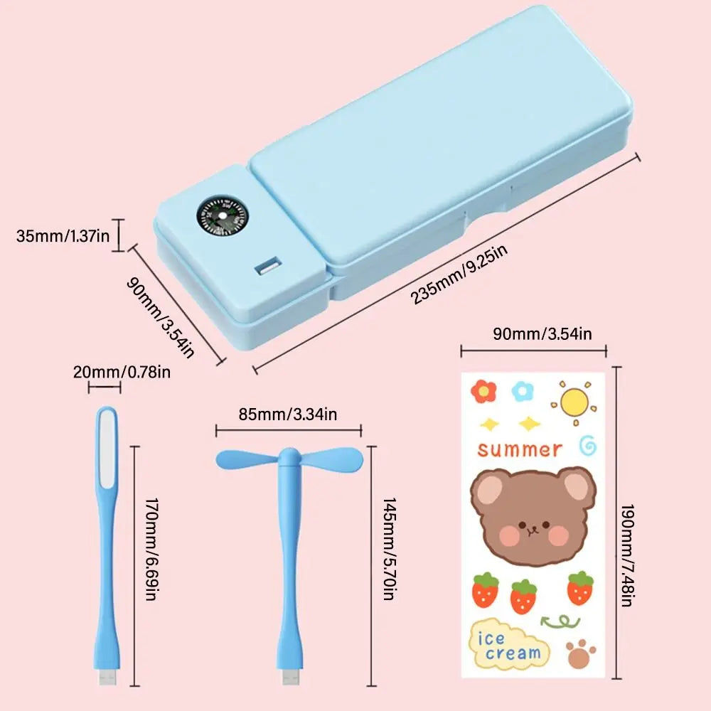 Double Layer Pencil Case with Fan, Desk Lamp & Compass Pencil Case Organizer HIP