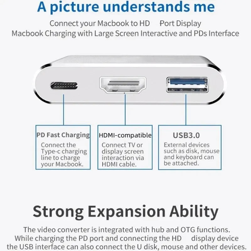 3 In 1 Usb-C Usb Hub Male To Female Hdmi-Compatible 4k Usb 3.1 Type-C To Usb 3.0 Charging Adapter For Macbook Air 12 Converter HIP
