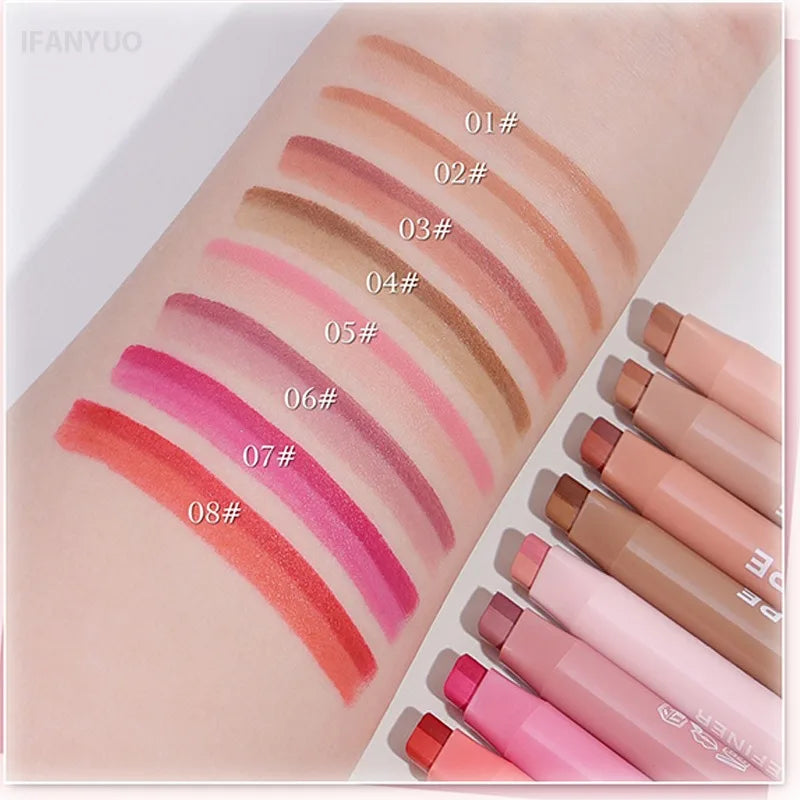 Cinnamon Lipstick Carving Matte 2 in 1 Dual Color Velvet Slanted Lip Liner Pencil Waterproof Long Lasting Women Daily Lip Makeup HIP