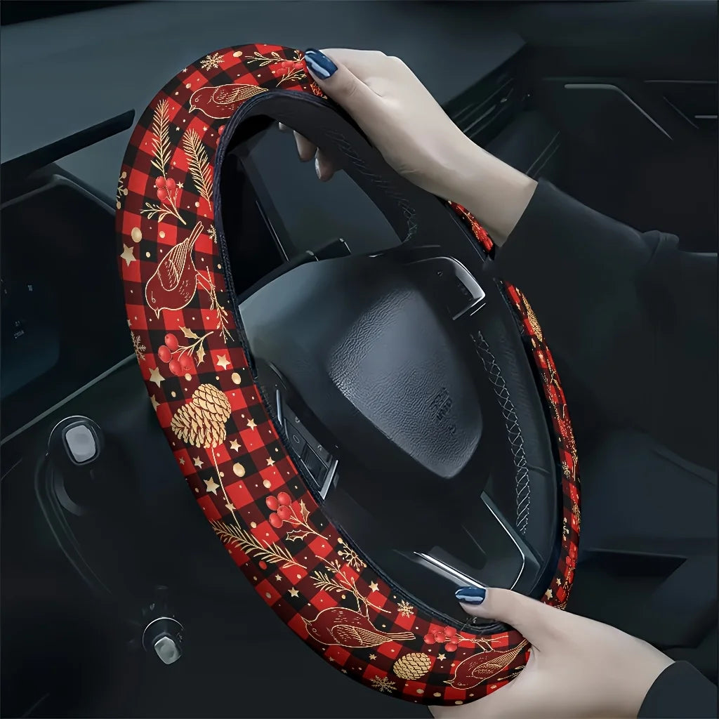 Christmas Plaid Bird & Pinecone Car Steering Wheel Cover Steering Wheel Cover HIP