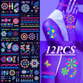12/24pcs Luminous Temporary Tattoos Stickers UV Neon Fluorescent Glow in the Dark For Body Face Tattoo Stickers Party Accessorie HIP 12PCS B