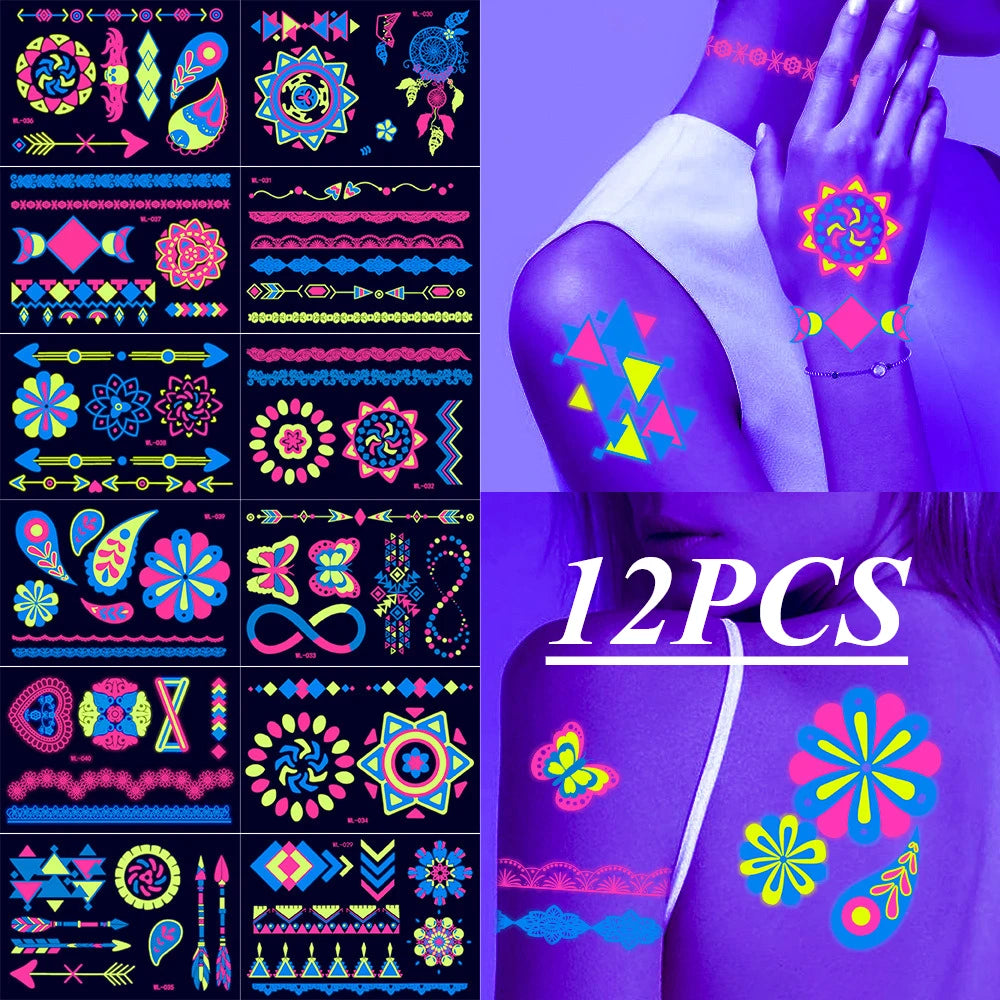 12/24pcs Luminous Temporary Tattoos Stickers UV Neon Fluorescent Glow in the Dark For Body Face Tattoo Stickers Party Accessorie HIP 12PCS B