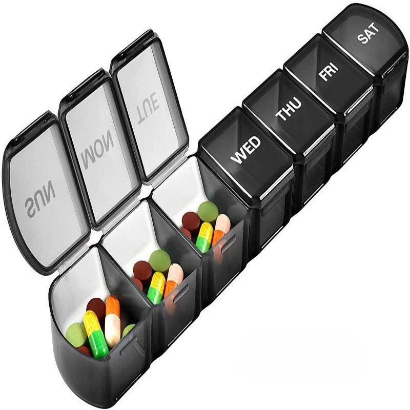 New Premium Portable Weekly Pill Cases 7 Day 7 Grids Pill Organizer Storage Box Container Travel for Medicine Vitamins Fish Oils HIP Black