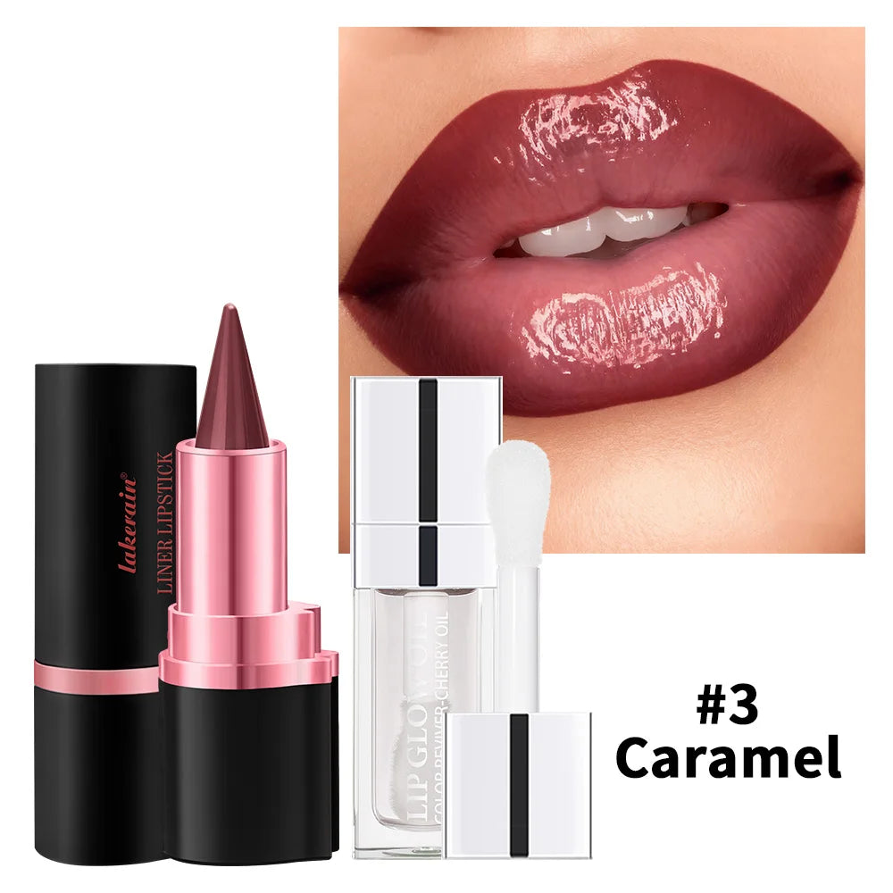 Lip Gloss & Lip Liner Set Long Lasting HydratingLip Gloss Lip Stain Contour for Every Makeup Style Women Lip Cosmetics Kit HIP 3Caramel