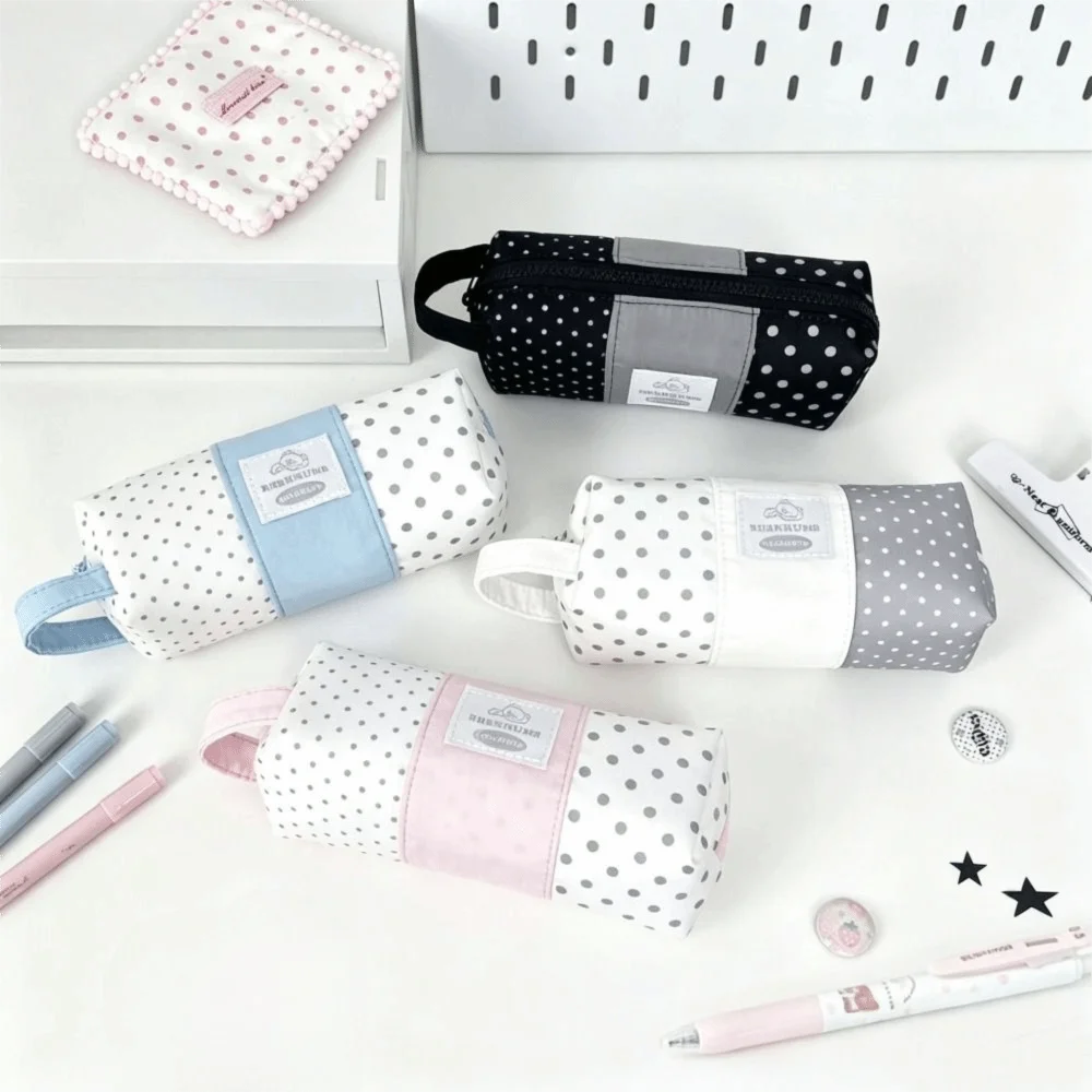 Polka Dot Canvas Pencil Case – Bear Patch Zipper Pouch Canvas Pencil Case HIP