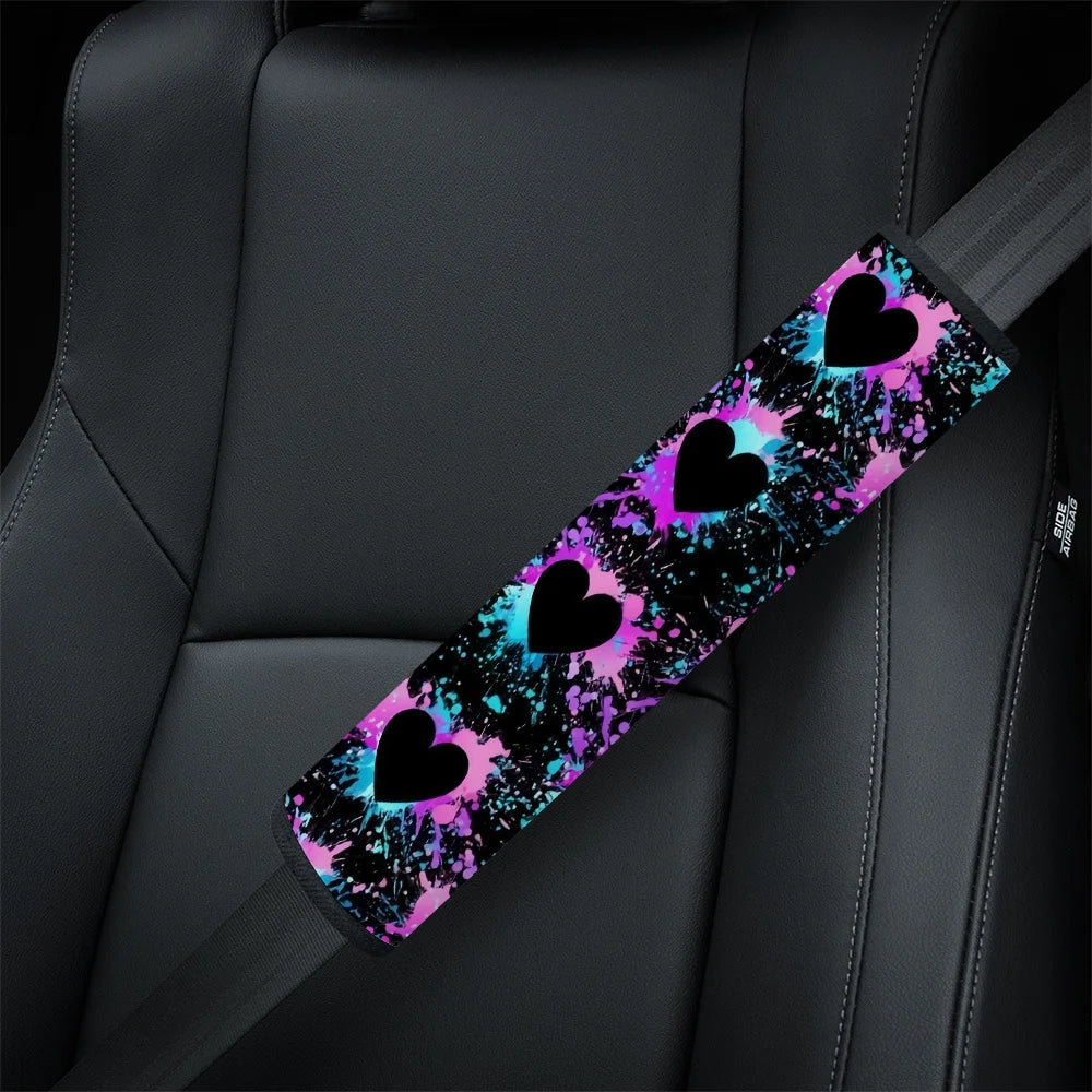 Car Seat Belt Covers – Colorful Heart Pattern, Set of 2 Seat Belt Cover HIP black