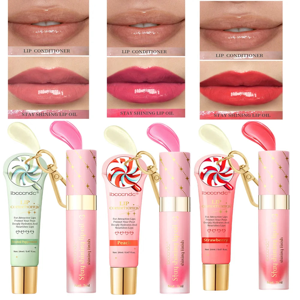 Lip Glosses Set Lip Duo Lip Gloss Combo with A Keychain Long Lasting Moisturizing Nourish Plumper Cosmetics HIP 3 Colors