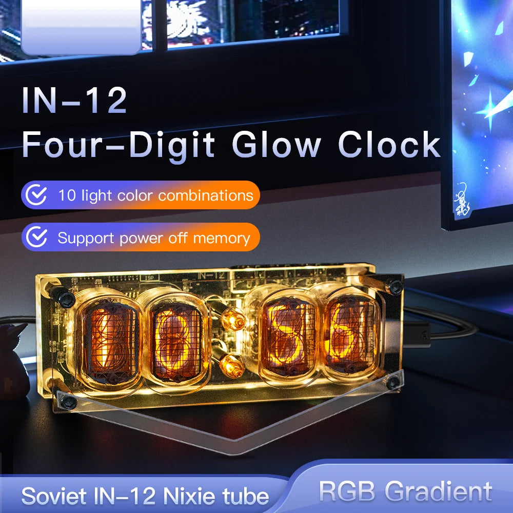4-Digit IN-12 Nixie Glow Tube Desk Clock – Retro Ambient Light Nixie Tube Desk Clock HIP