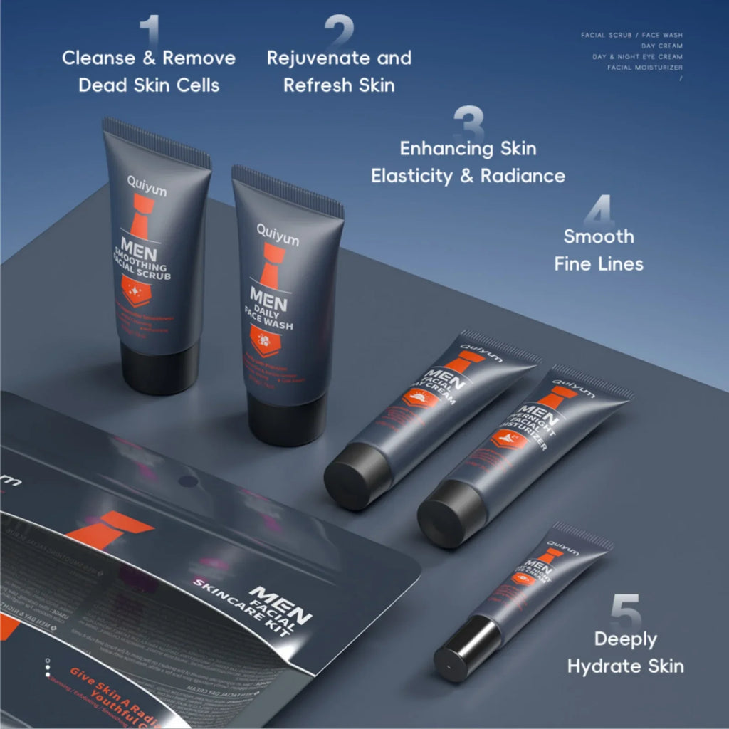 QUIYUM Men's 5-Piece Skincare Kit – Scrub, Wash & Moisturizer Men's Skincare Kit HIP