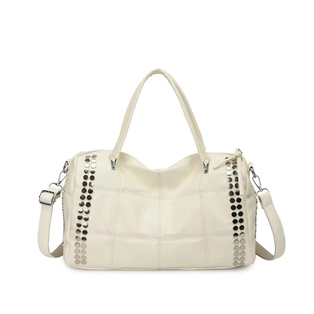 Y2K Rivet Tote Bag – Large Capacity Detachable Shoulder Strap Rivet Tote Bag HIP White
