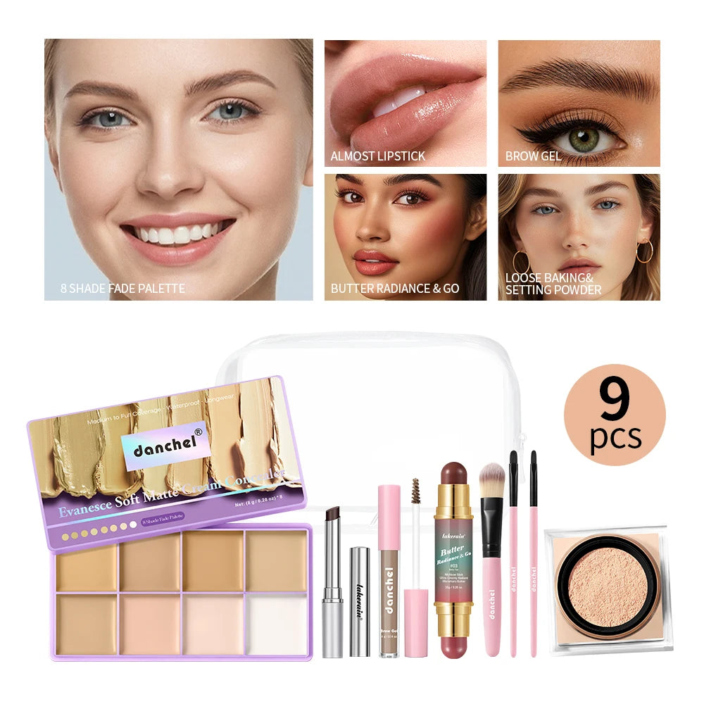 9Pcs All In One Full Face Makeup Kit For Beginner Concealer Palette Setting Powder Lipstick Makeup Brush Powder Puff Kit HIP set 1