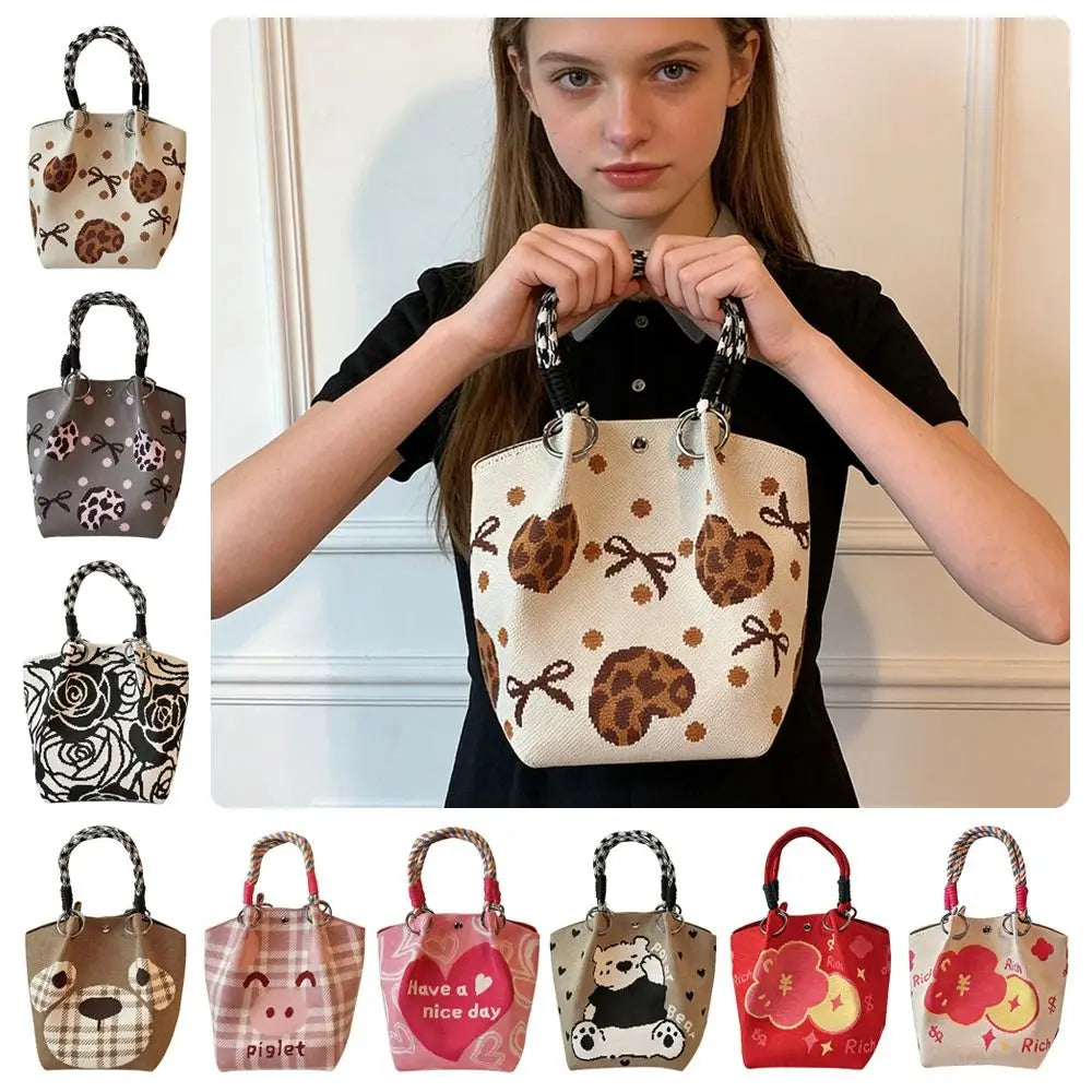Cartoon Knitted Bucket Bag – Handmade Woven Tote for Women Knitted Bucket Bag HIP