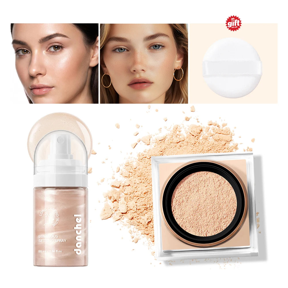 3pcs Luminous Setting Spray & Matte Setting powder Shimmery Liquid Long Lasting Multi-use Setting Makeup Kit Free Puff HIP set3