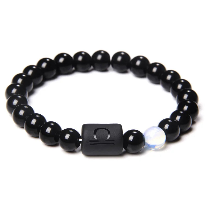 12 Constellation Zodiac Signs Beads Couples Bracelet Natural Black Onyx Stone Elastic Charm Bracelet for Women Men Birthday Gift HIP Libra