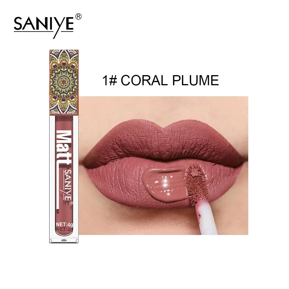 SANIYE Brand Makeup Nude Lip Gloss Waterproof Liquid Matte Lipstick Long Lasting 4g Quick Dry Red Lip Gloss Cosmetics HIP 01
