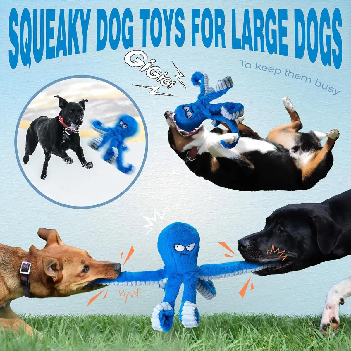 Tough Stuffed Dog Chew Toy – Squeaky Crinkle Octopus Tug Toy Squeaky Dog Toy HIP