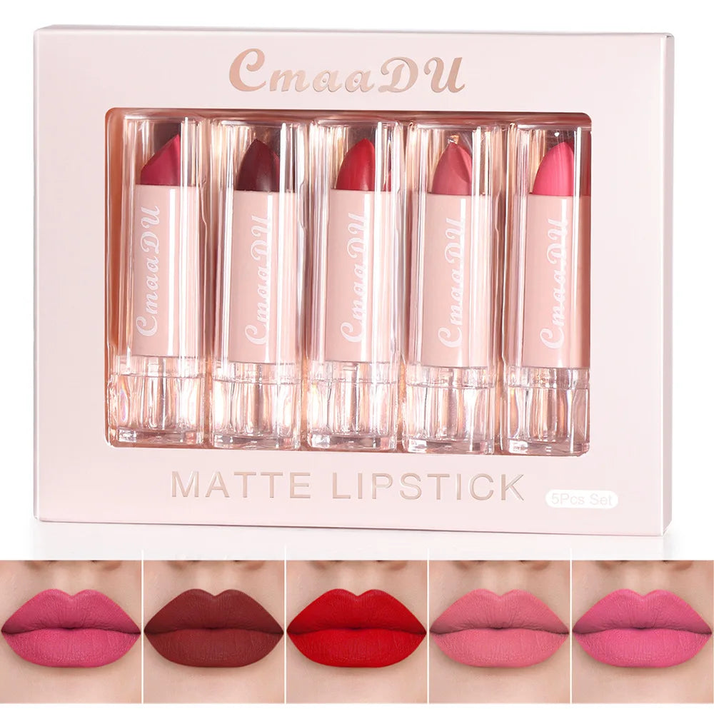 CmaaDu 5-Pc Velvet Matte Lipstick Set – Waterproof & Long Lasting Matte Lipstick Set HIP 03 Full Size