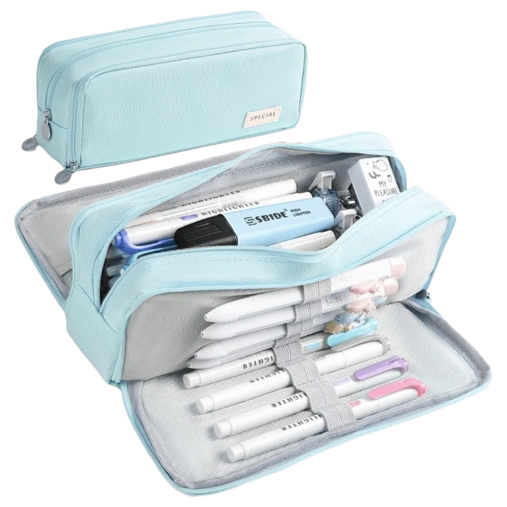Kawaii Canvas Pencil Pouch – 4-Compartment Large Capacity Case Canvas Pencil Pouch HIP Blue