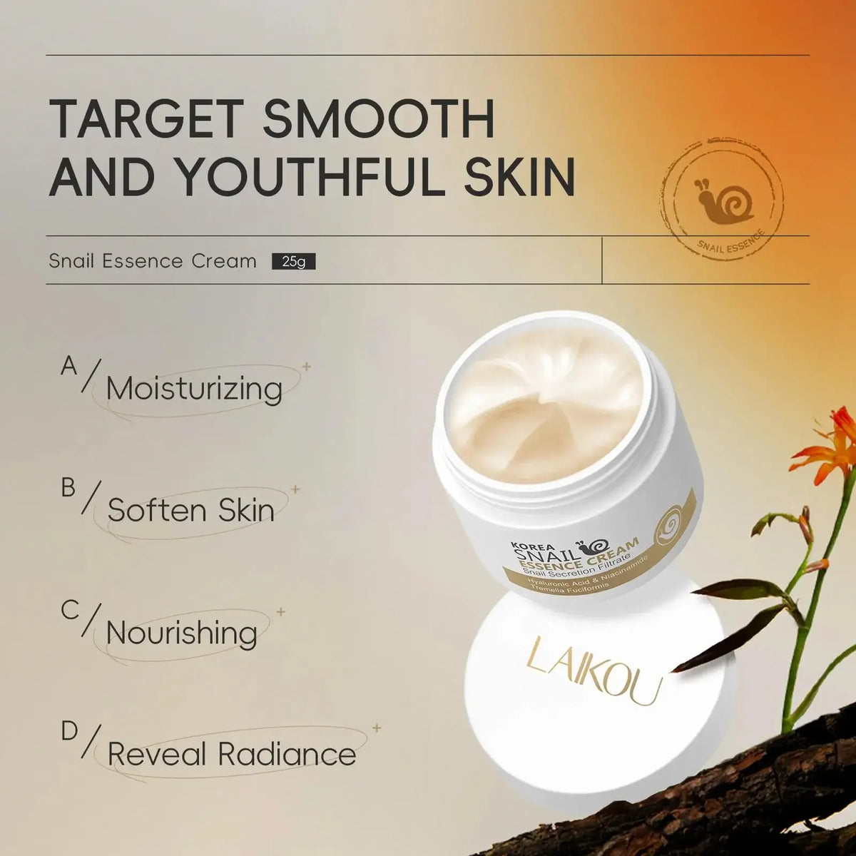 LAIKOU Snail Mucin Cream 25g – Hydrating Firming Face Cream Snail Essence Cream HIP