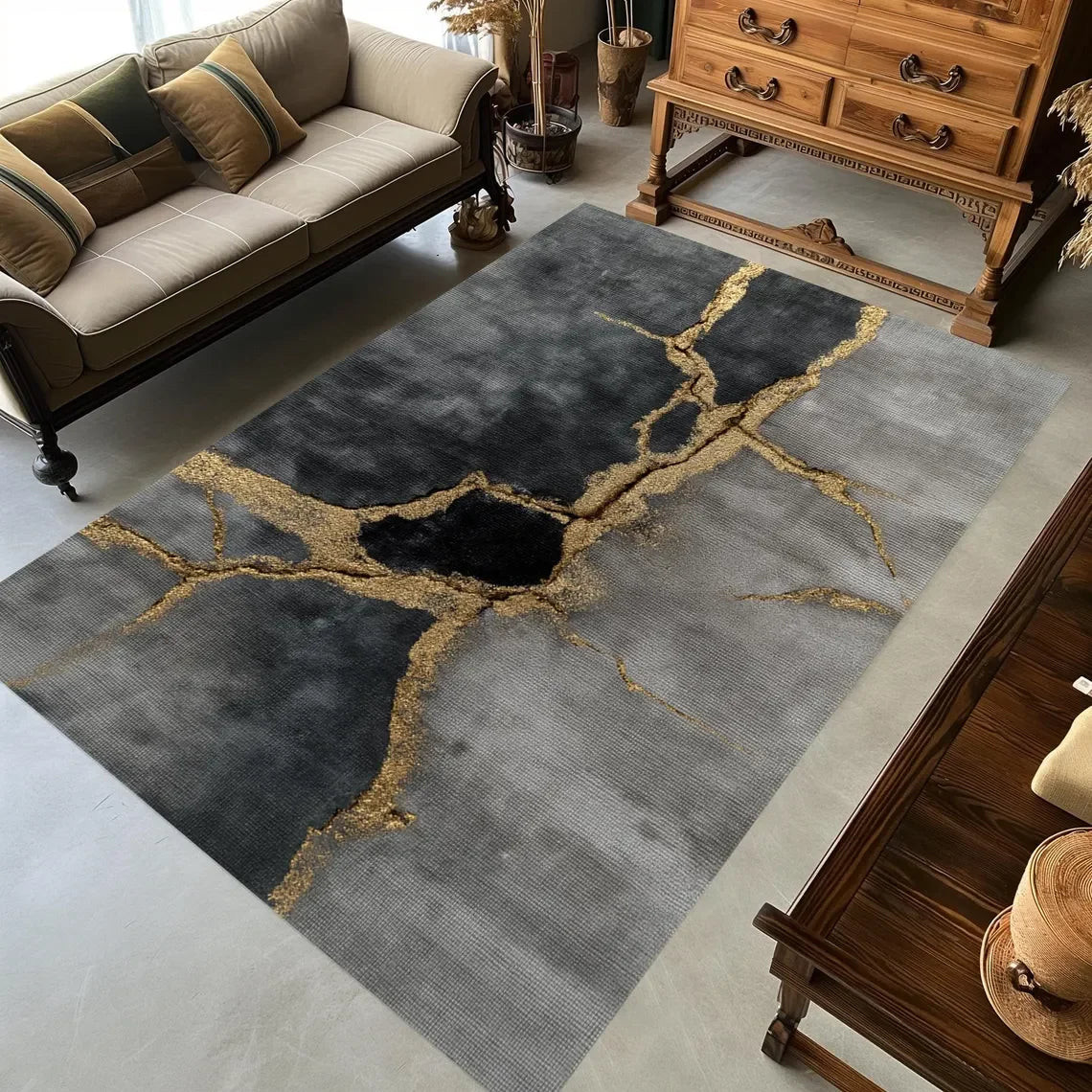 Teal Marble Area Rug – Gold Geometric Border Washable Carpet Area Rug HIP 4 40X60cm-Felt