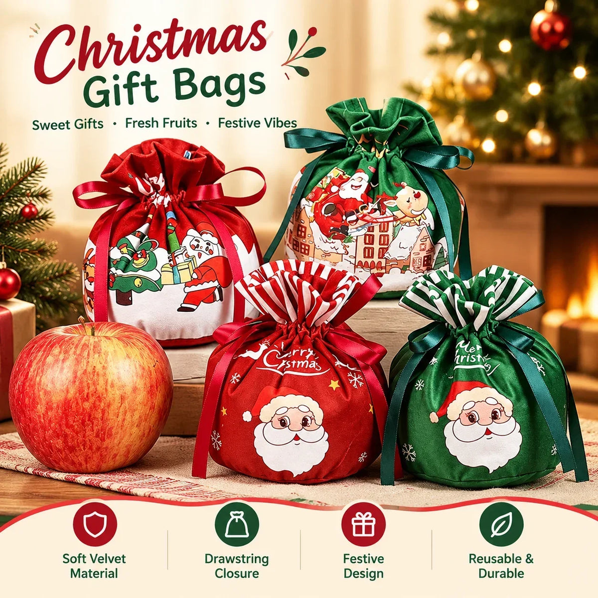 Christmas Eve Gift Holders Candy Pouch Cartoon Drawstring Christmas Apple Gift Bag Safe Fruit Storage Sack Holiday Decoration HIP