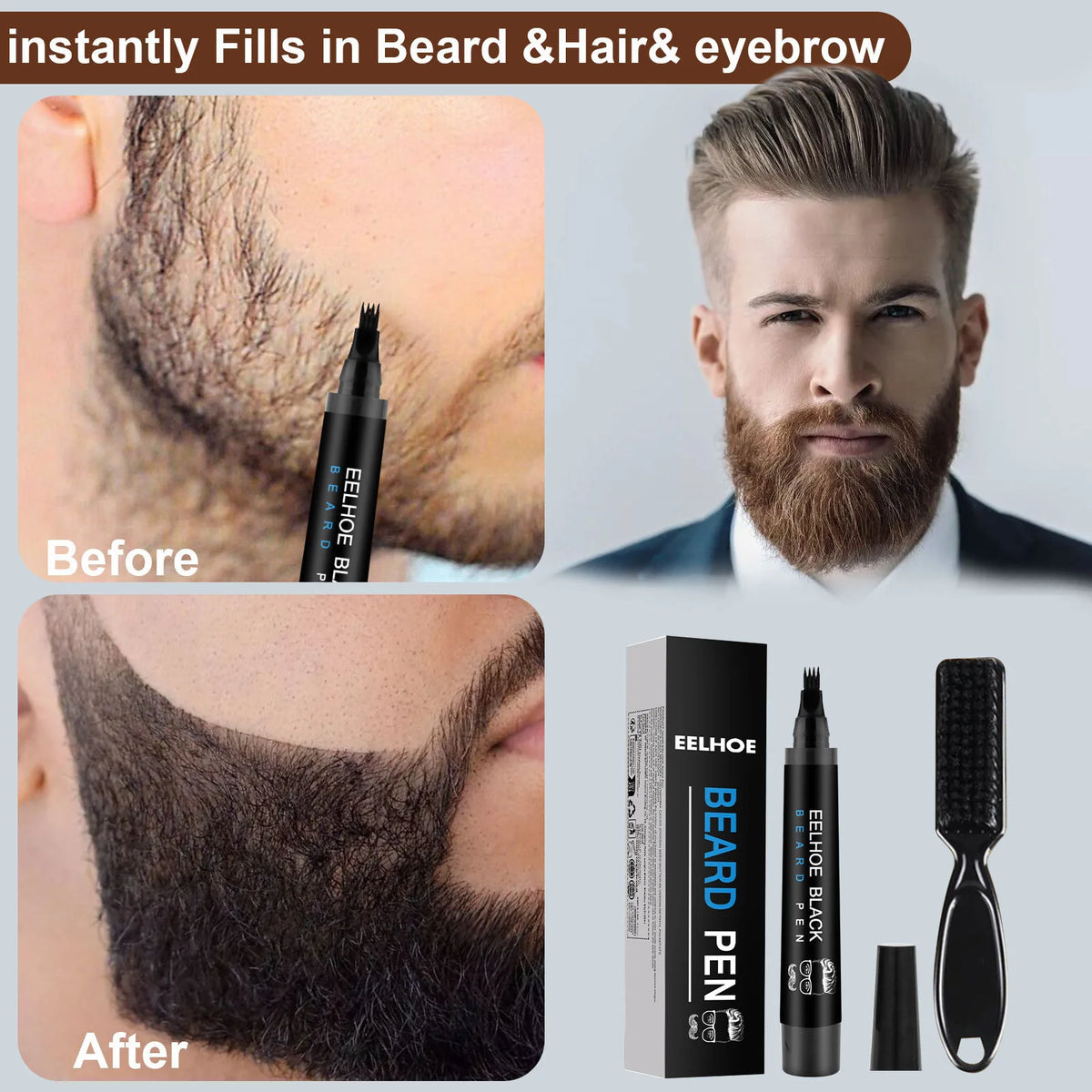 Beard Filling Pen Kit Four Prong Beard Filler Pencil With Beard Brush Waterproof Male Moustache Repair Shaping Coloring Pen HIP