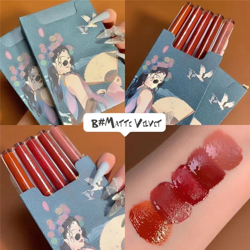 Five Pack Cigarette-shaped Lipstick Set Matte Velvet Lasting Creative Blue Pink Girl Cigarette Tube Lip Glaze Set Lip Makeup HIP