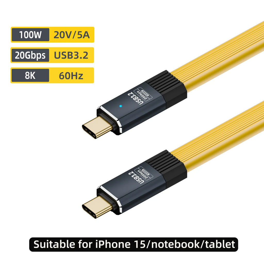USB 3.2 20Gbps Flat USB-C Cable PD 100W 5A – 8K Thunderbolt USB-C Data Cable HIP Yellow 80CM