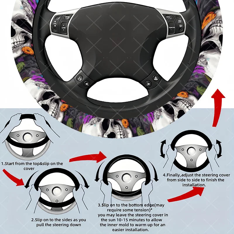 Sugar Skull Flower Steering Wheel Cover – Cars, SUVs & Trucks Steering Wheel Cover HIP