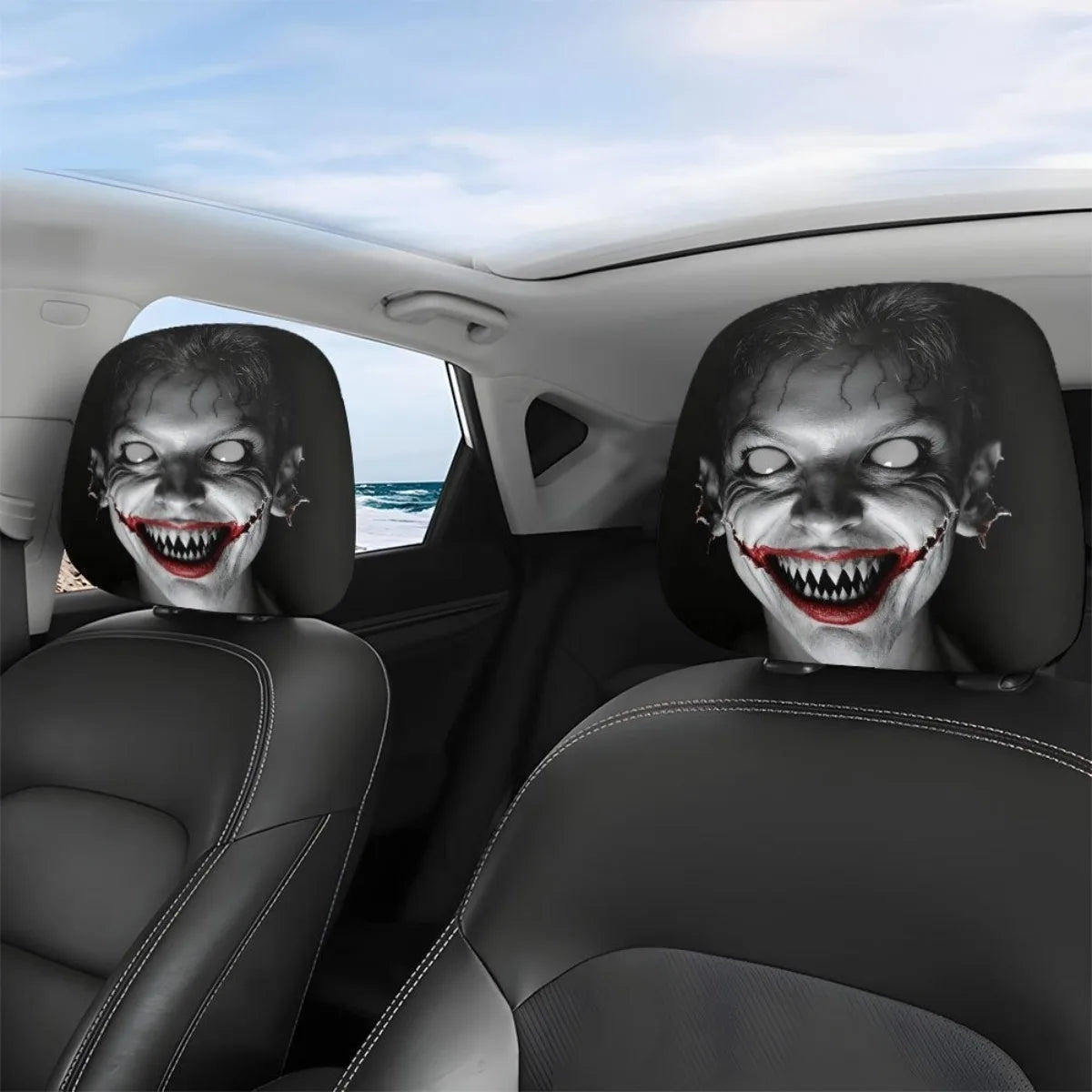2-Pack Horror Portrait Car Headrest Covers | Fun Seat Protectors Car Headrest Cover HIP