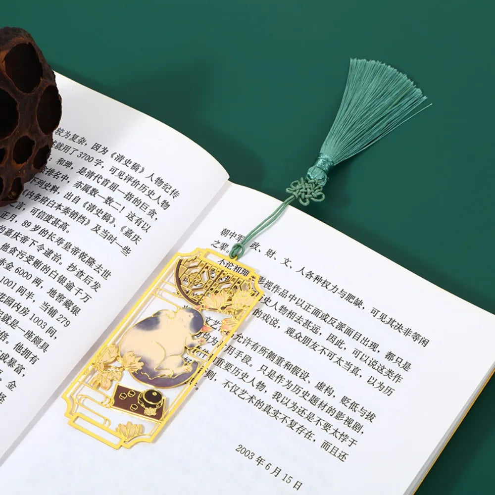 Chinese Style Cat Metal Bookmark with Silk Tassel & Enamel Metal Bookmark HIP Style 1